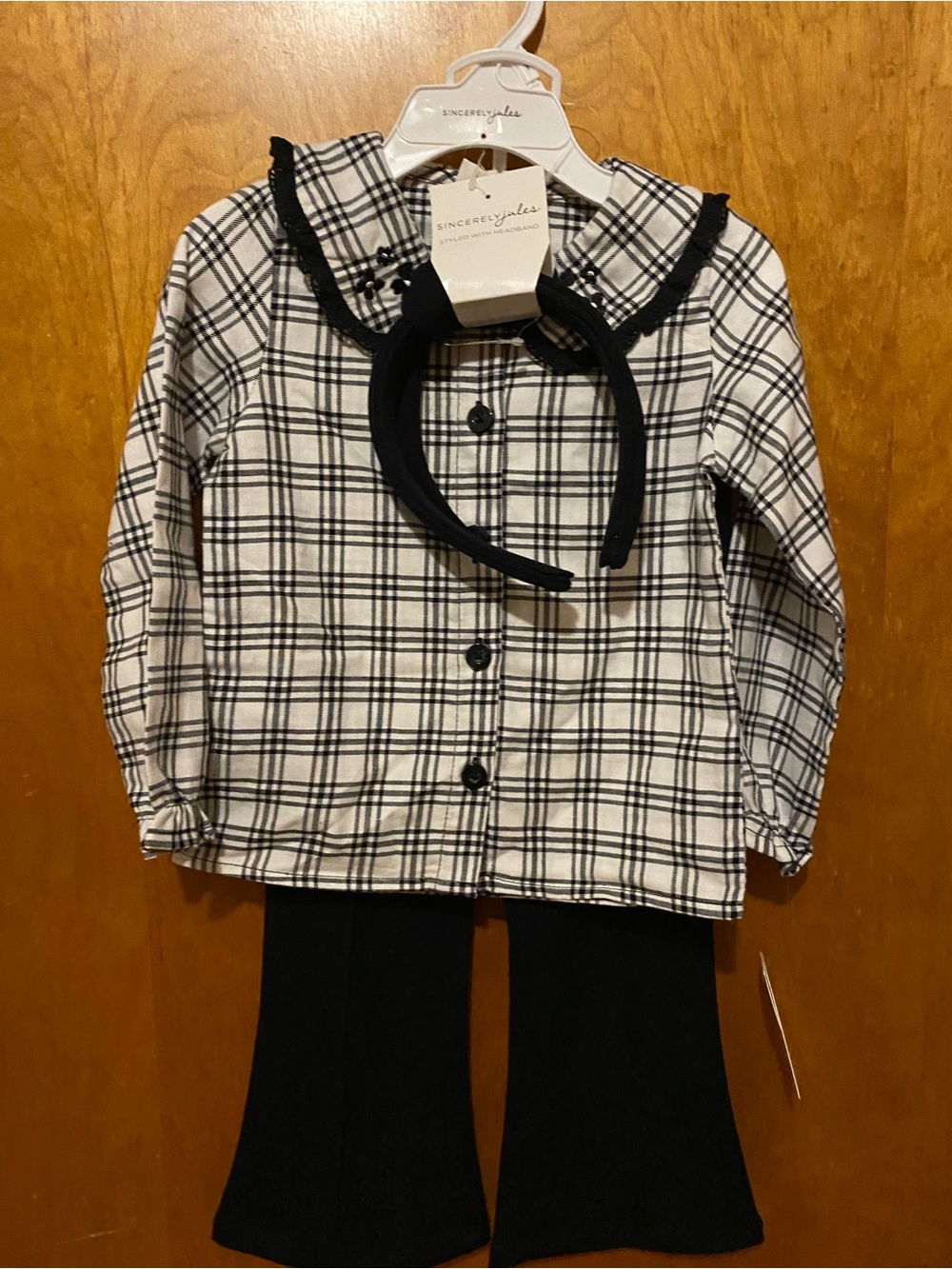 Sincerly Jules Black and White Plaid Girls Pajama Set with Headband